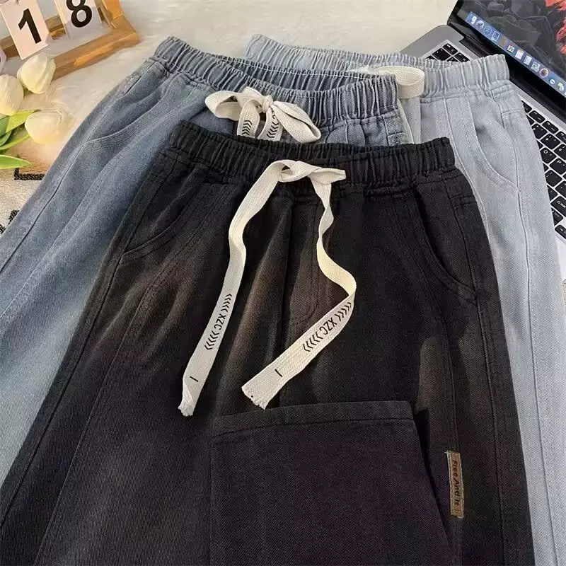 复古水洗哈伦牛仔裤男松紧腰抽绳新款潮牌宽松直筒休闲阔腿九分裤