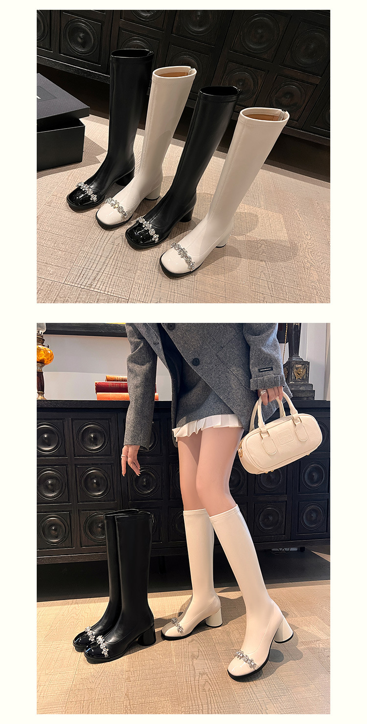 Boot nữ cổ cao ôm bắp chân phong cách vải tuýt, gót thô 5 cm, đế dày, mũi tròn — nhung đen, Lớp lót đơn màu trắng nhạt, Lớp lót đơn màu đen, Lớp lót nhung màu trắng nhạt chi tiết 21