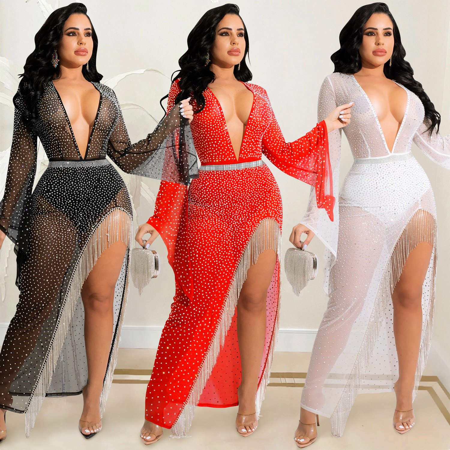 X5597 AliExpress moda sexy discoteca caliente rhinestone profundo V manga ancha irregular split borla vestido de las mujeres