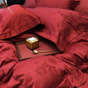 Home Textile Class a High Count Light Luxury Retro Long-Staple Cotton Wedding Preparation Four-Piece Set Red Pure Cotton Quilt Cover for Newlywed Room