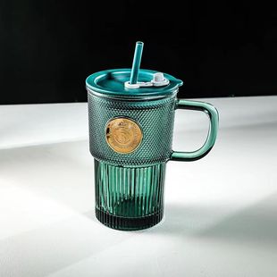 Le Wei Shi dark green primary color glass cup with handle large capacity coffee cup dark green net red copper seal straw Cup