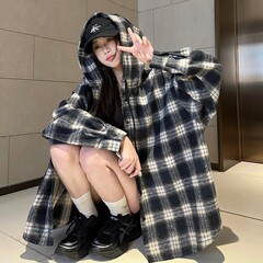 连帽格纹衬衣女春秋季中性风穿搭潮牌衬衫外套宽松抽绳开衫上衣潮