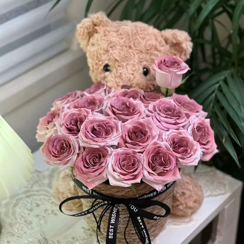 Oso de peluche con flores eternas para regalo de Año Nuevo, oso de peluche con ramo de flores para regalo de cumpleaños para amigas