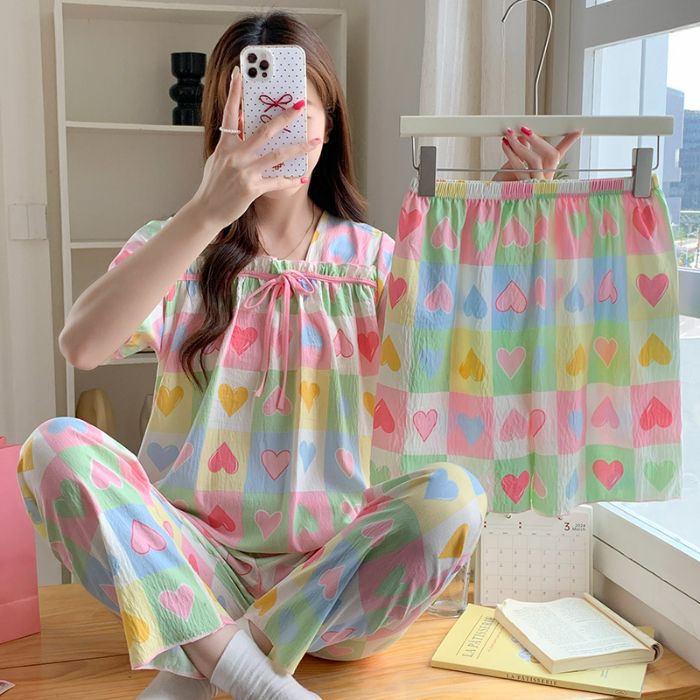 Hellokitty verano nuevo estilo doble pantalones cortos pijamas de tres piezas nube mujer algodón transpirable cuello cuadrado dulce y fresco