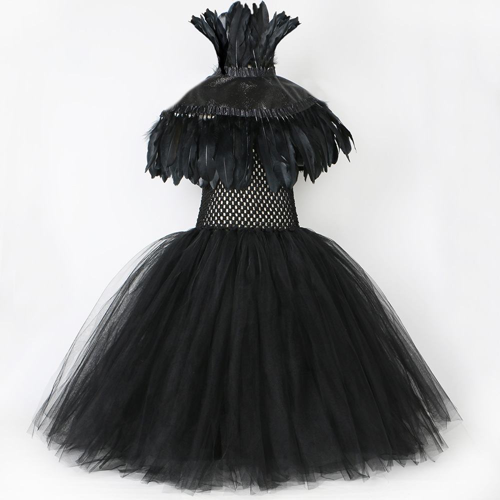 Ropa para niños Vestido de bruja maléfica Capa de plumas Disfraz de Halloween para niños Vestido de malla negro para niña gótica_voghion.com