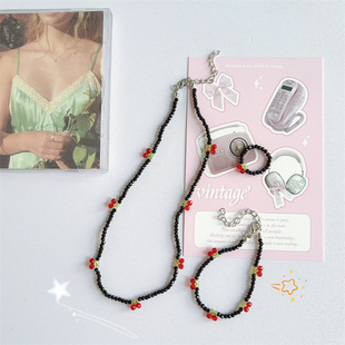 New Black Crystal Red Cherry Necklace Sweet Stylish Cute Girly Style Cherry Clavicle Chain Bracelet Ring for Women