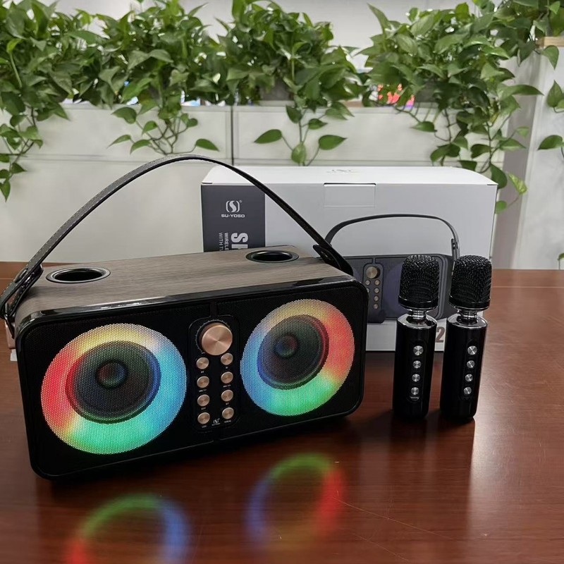 YS609 カラフルなポータブル屋外家庭用レザーテクスチャハイパワー 3600 mAh デュアルワイヤレスマイクカラオケスピーカー|undefined