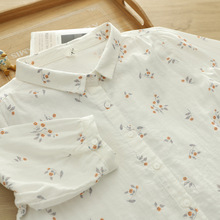 日系森女夏季小清新碎花印花双层纱中袖衬衫女棉纱宽松五分袖衬衣