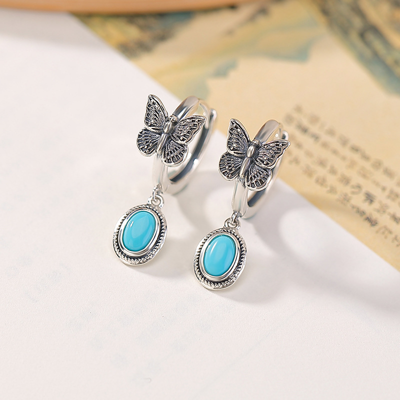 Bông tai bạc S925 mặt đá mắt mèo đỏ Nam, ngọc lam, kiểu retro cổ điển, mặt trứng bướm — Ngọc lam