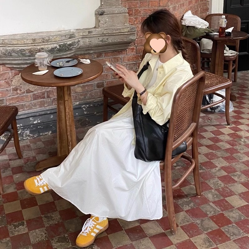 日系奶黄色长袖衬衫女春秋小个子宽松衬衣外搭开衫外套中长款上衣|undefined