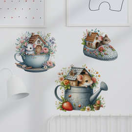 卡通老鼠儿童房装饰贴画蘑菇房子可移除墙贴画跨境浴室装饰贴纸