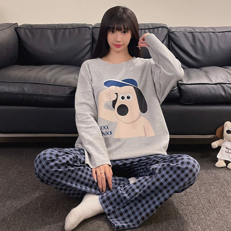 卡通宽松新款睡衣女秋可外穿可爱百搭圆领针织仿棉秋冬家居服套装|undefined