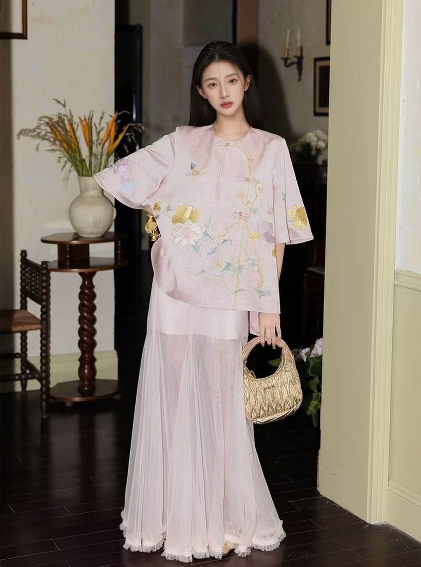 Bộ áo và váy maxi thêu hoa phong cách Trung Quốc mùa hè M5099 — Áo
