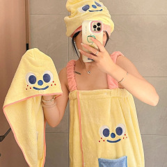 夏かわいいバスタオル、ウェアラブルサスペンダー、大きな目のバスローブ、3点セット、タオルドライヘアキャップ、吸水性バススカート