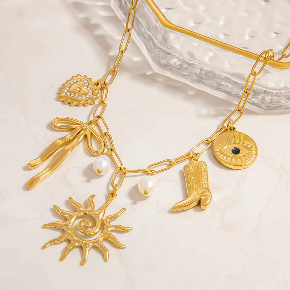 1 Piece Quantity Date, Street, Shopping Occasion PVD Coated Real Gold Plated 18K Gold Sun Heart Shape Bow Knot 304 Stainless Steel Elegant Streetwear Waterproof Non Tarnish 304 Stainless Steel Multi Charms Necklace
