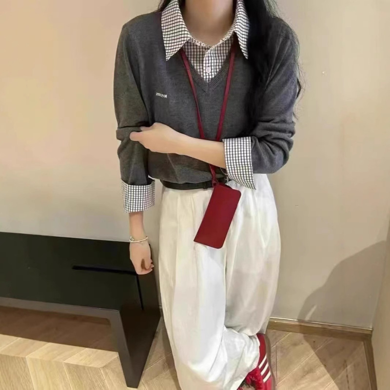 韓国風シンプルチェック柄シャツ襟長袖フェイクツーピースセータールーズ年齢軽減セーターレディースジャケット|undefined