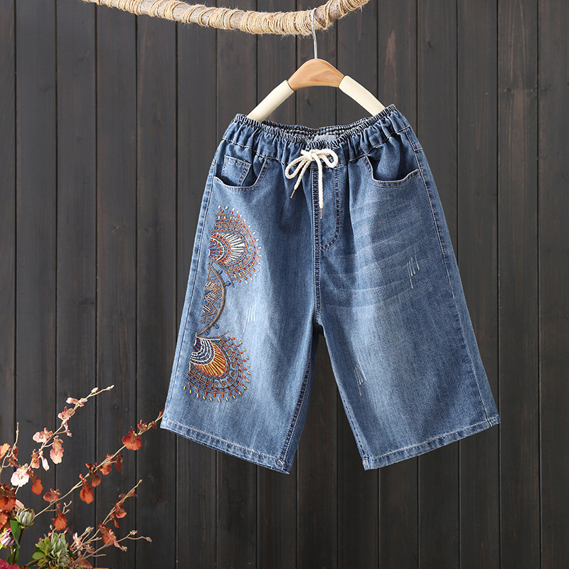 Embroidered Denim Pants Women's 2023 Summer New Arrival Loose Artistic Elastoelastic High Waist Straight Thin Shorts Trendy