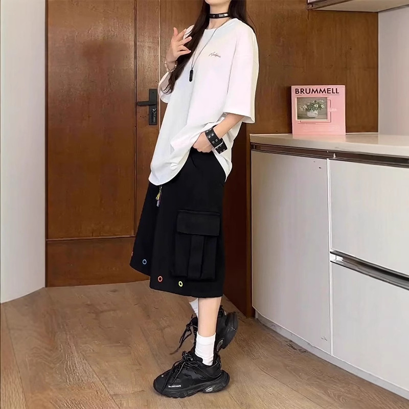 Colorful Woven Drawstring Cargo Shorts for Women, Summer Design, Wide-Leg Cropped Pants, Straight-Leg Loose Casual Pants