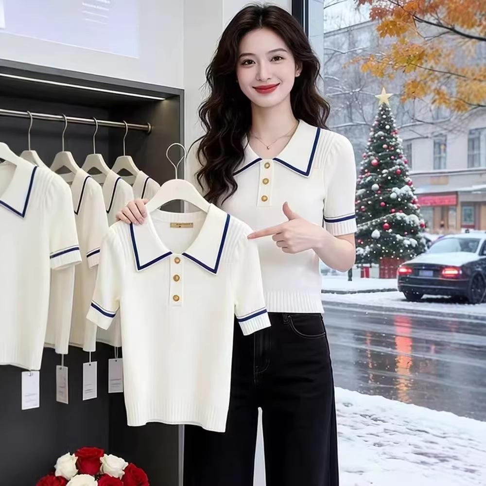 Áo thun nữ polo cổ tay lỡ phối màu chất liệu lụa đan mát mẻ — trắng chi tiết 4