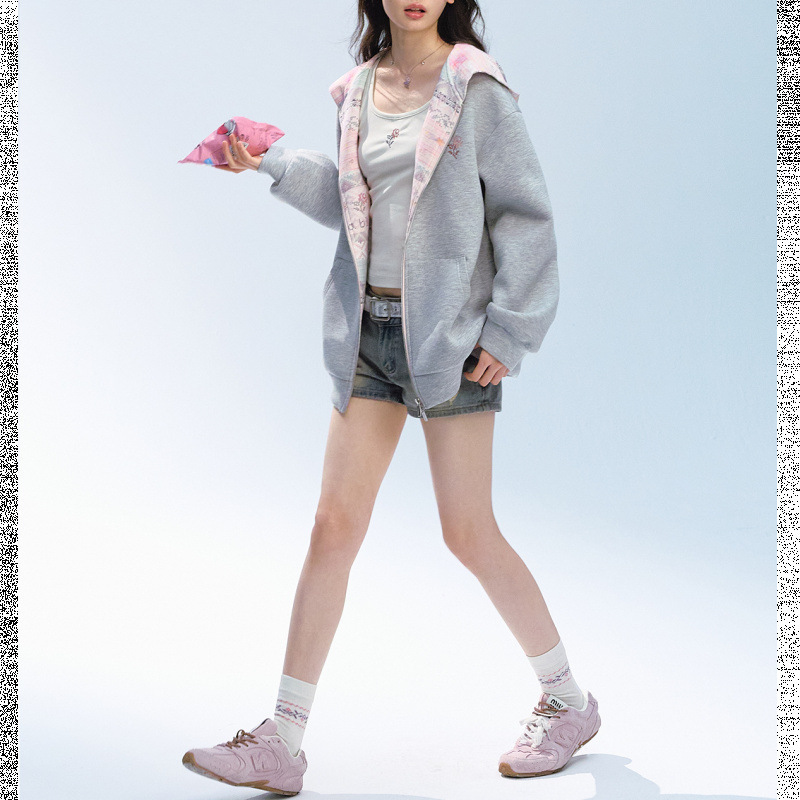【田曦薇同款】美式灰色连帽卫衣外套女秋季宽松百搭甜美休闲夹克|undefined