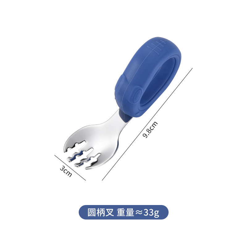 硅胶柄304不锈钢儿童训练餐具卡通弯头叉勺宝宝学吃饭辅食专用叉|undefined