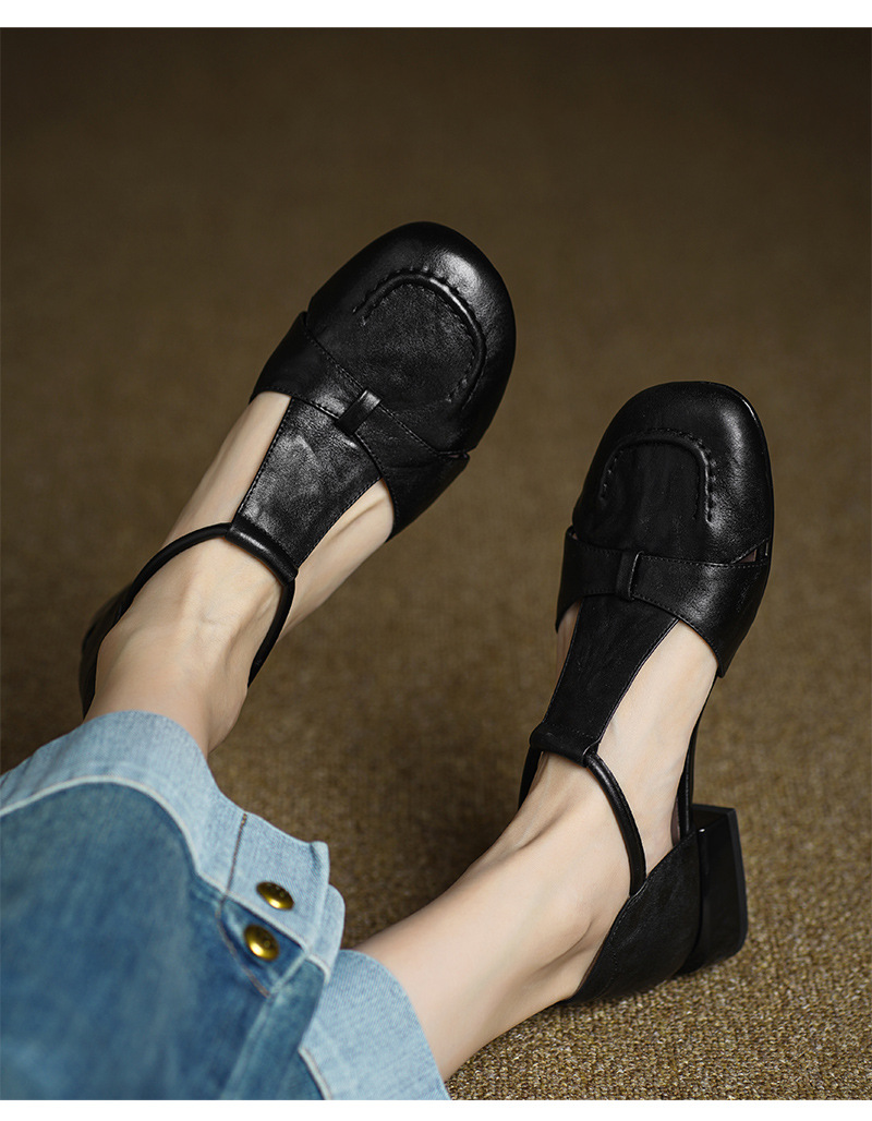 Dép sandal nữ da bò kiểu retro quai chữ T, mũi kín, gót thấp — màu nâu chi tiết 8