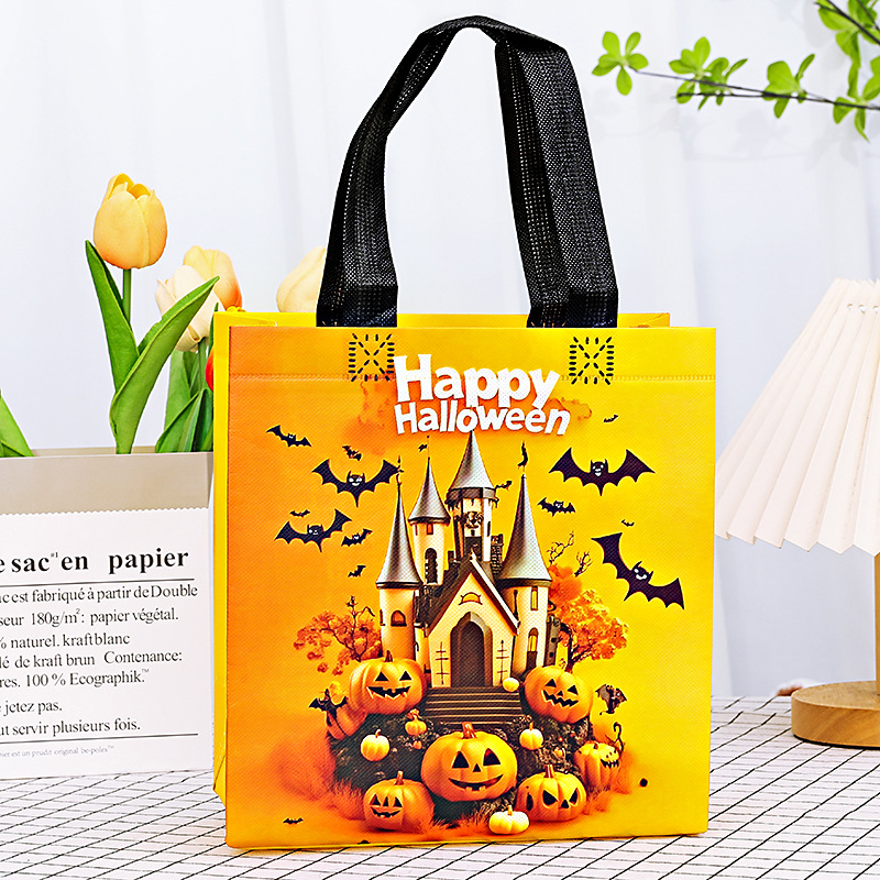Pumpkin Graphic Laminated Nonwoven Black Handle Tote Bag 16