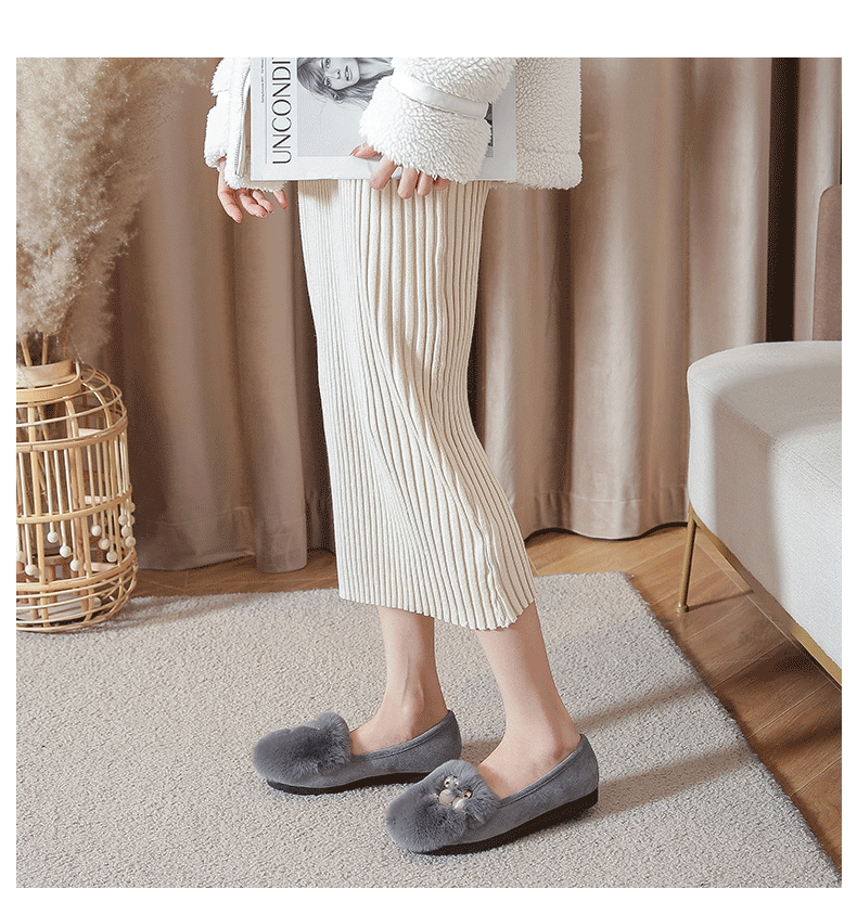Giày lười nữ lông mềm giữ ấm cổ thấp đế bệt chống trơn trượt — Màu xám, Màu đen chi tiết 14