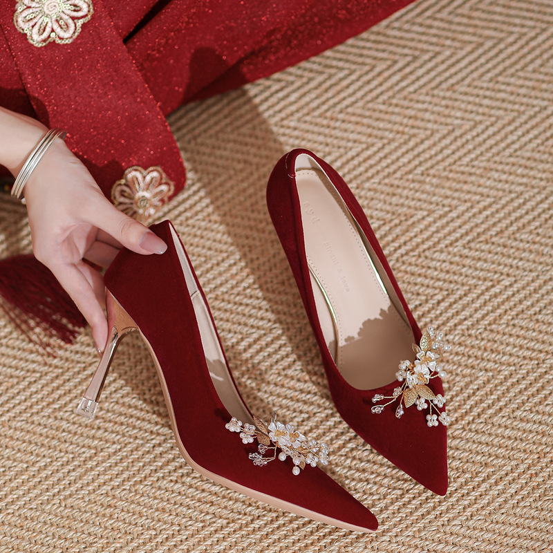 Red Chinese xiuhe dresses bride Wedding Shoes Female Xiuhe Wedding Dress, Two Wears High Heels, French Single Shoes