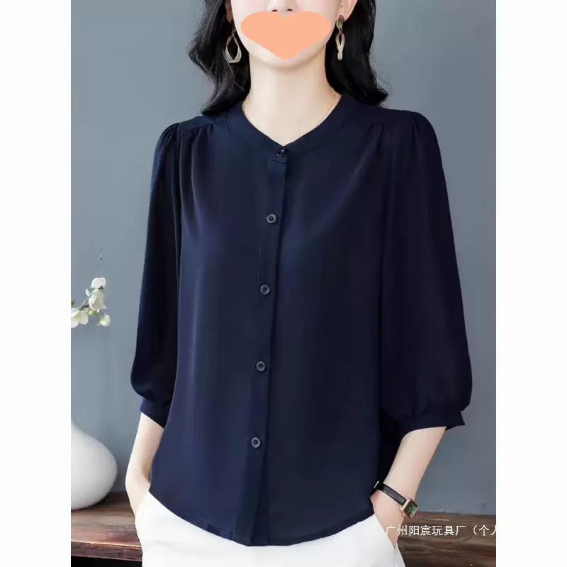 高端衬衣妈妈宽松夏季新款小衫七分袖纯色中袖薄款衬衫上衣女黑色