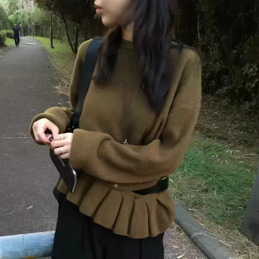 现货2025冬季新韩国东大门设计感圆领长袖针织衫可拆卸下摆毛衣女