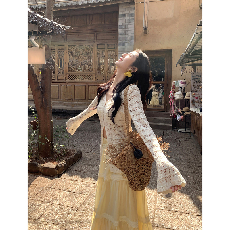 Mulvan Holiday Cardigan V-Neck Knit Top for Women with Flared Sleeves, Summer Beach Vacation Style, Waist Cut-Out Cover-Up