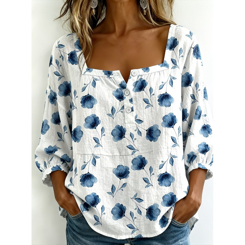 2026 Summer New Cross-Border Independent Site 3D Digital Printed Floral Square Neck Buttoned T-Shirt Top for Women 2026 Summer New Cross-Border Independent Site 3D Digital Printed Floral Square Neck Buttoned T-Shirt Top for Women