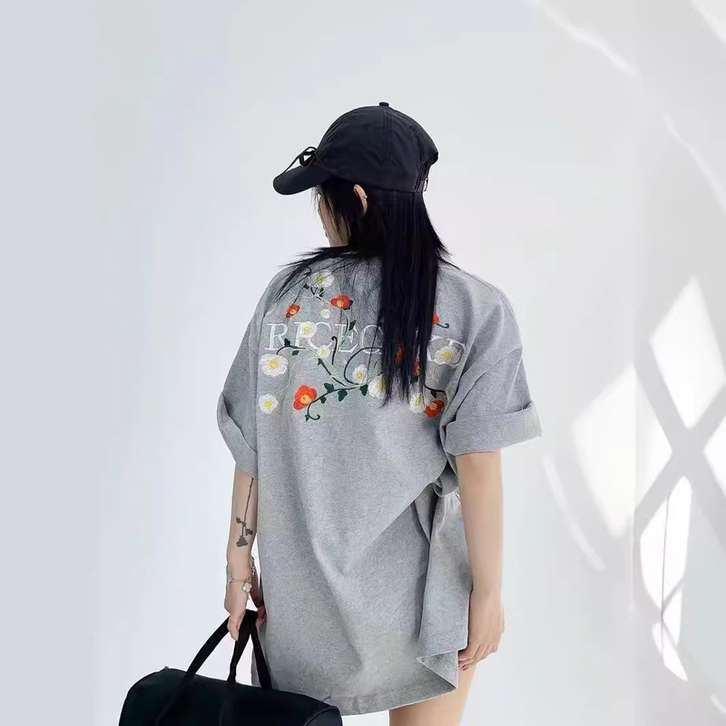【Live Broadcast Quality 250g Comfortable Fabric Drop Shoulder T-Shirt】2025 American-Style Heavy-Duty Niche Chrysanthemum Embroidery Pure