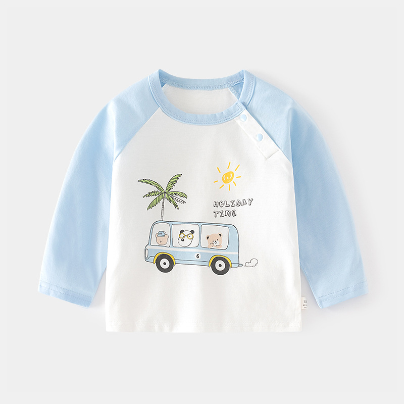 Baby Autumn Clothes Cotton Print Onesie Hooded All-Cotton Cartoon Children Spring and Autumn Base Layer T-shirt with Shoulder Opening