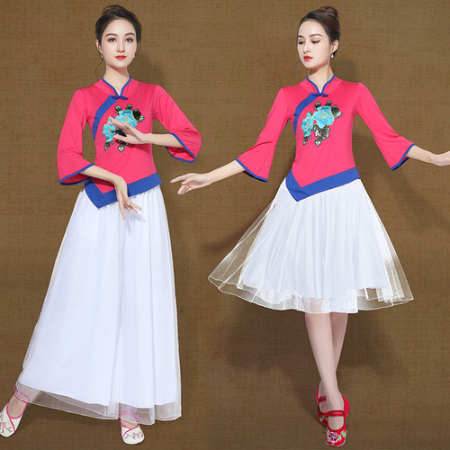 Ethnic style embroidered plate buckle square dance costumes female performance costumes autumn group performance costumes square dance costumes