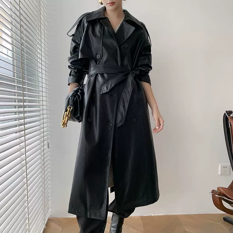 Autumn retro polyurethane jacket, British style, maxi length, high-quality style
