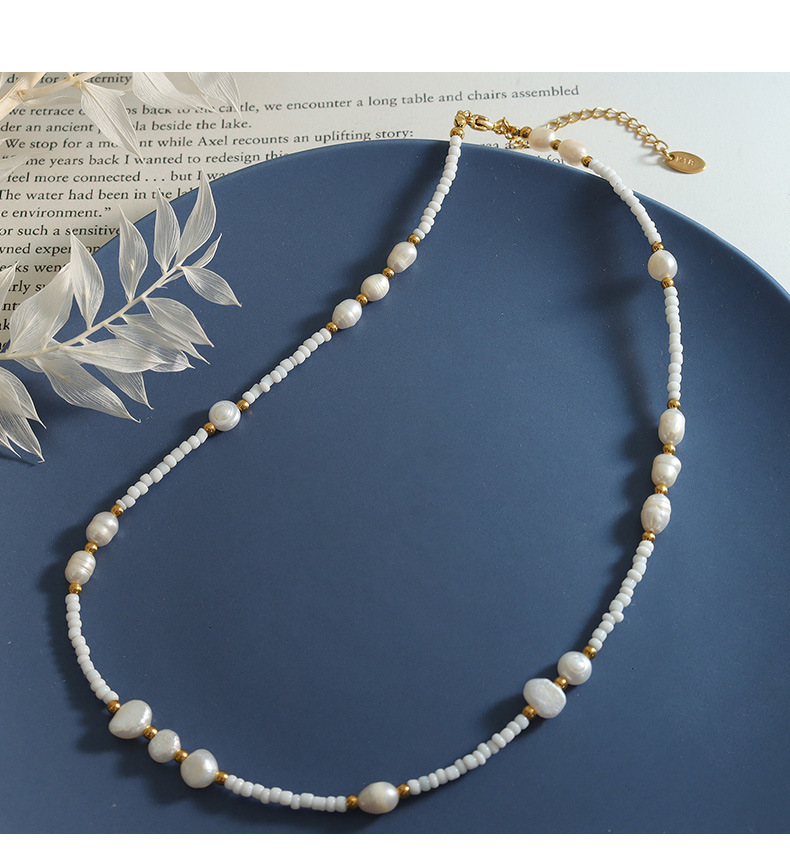 Fashion Geometric Pearl Titanium Steel Beaded Glass Bead Necklace