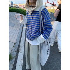韩系撞色条纹翻领长袖开衫女秋冬毛衣百搭慵懒上衣外套