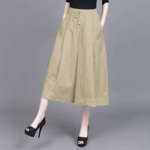 Design-Driven, Niche-Style Women's Loose Wide-Leg Pants with Elastic Waist: Summer Cropped Pants, Elegant Culottes, Casual Trousers