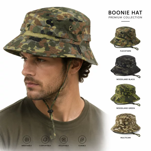 Camouflage short-brimmed beanie hat, Panama tactical military fan round-brimmed hat, outdoor hiking fishing sunshade fisherman hat for men