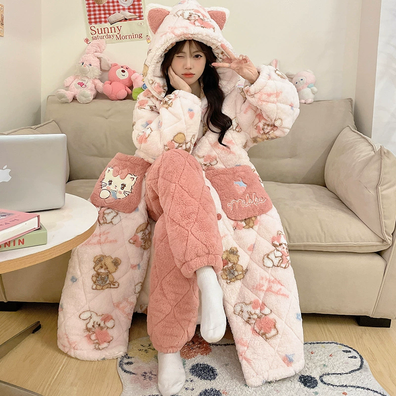 Хеллоkitty, милая стеганая зимняя на bathrobe, теплая кофта капюшон, мультяшный пижама, набор