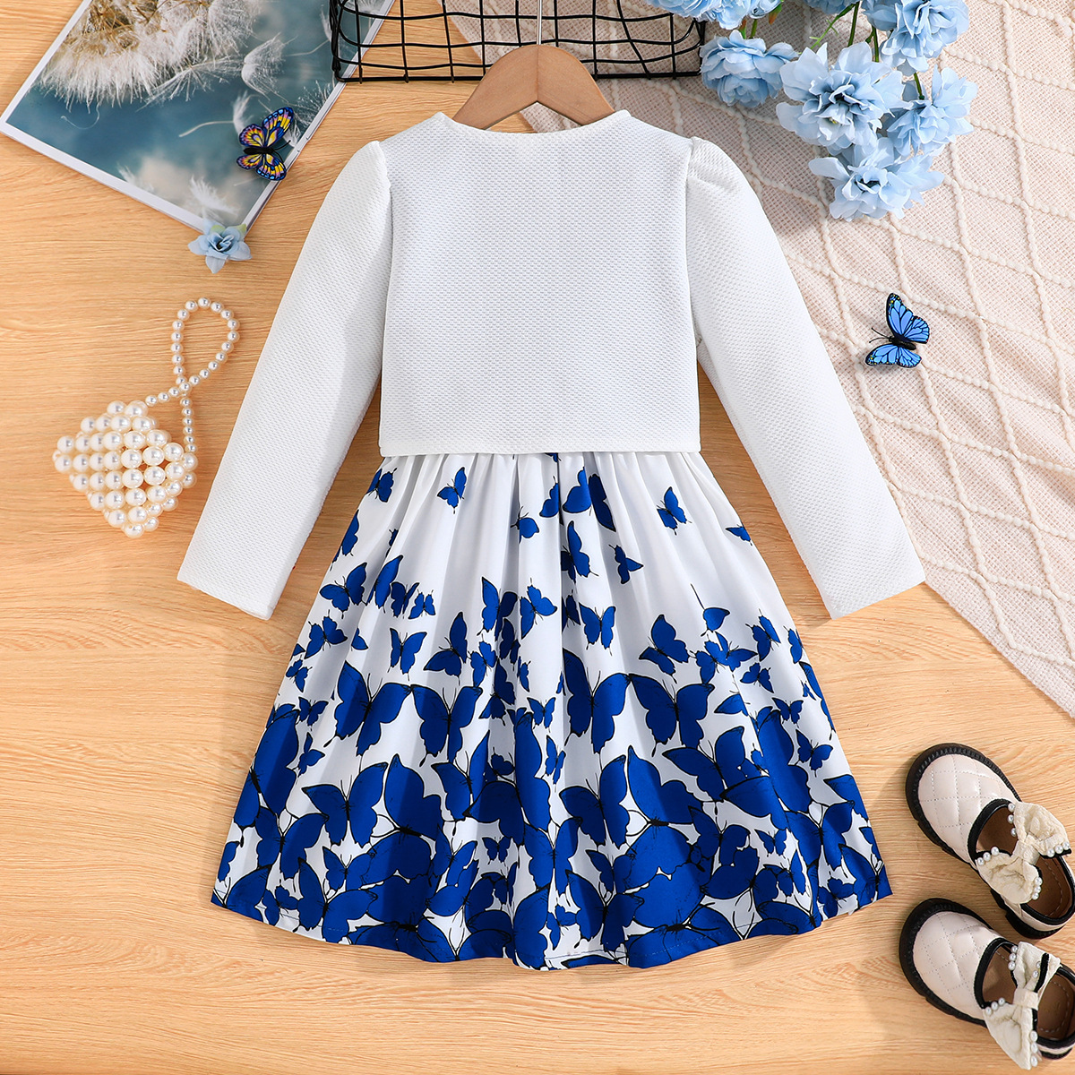 2024 INS autumn blue butterfly full print girls' coat dress two-piece set at home and abroad_voghion.com