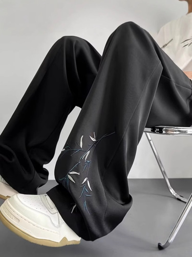 New Chinese-style high-elastic ice silk pants men's summer thin loose cool western pants fashion brand national style embroidered casual pants
