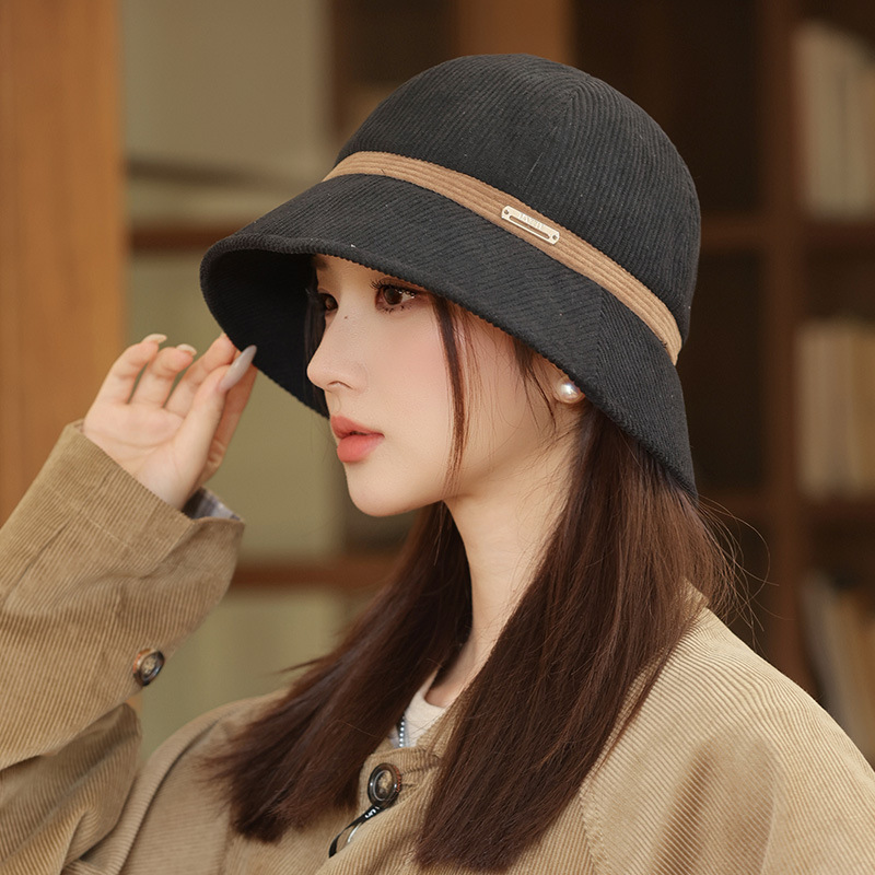 女性用の秋冬のファッショナブルな帽子、カジュアルで多用途なコーデュロイフィッシャーマンハット、レトロな暖かい盆地帽子、大きな頭囲、顔が小さく見える|undefined