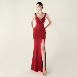 33178 # 2025 New Cross Pleated Cut Out Mesh Deep V Neck Evening Dress Slim Banquet Robe