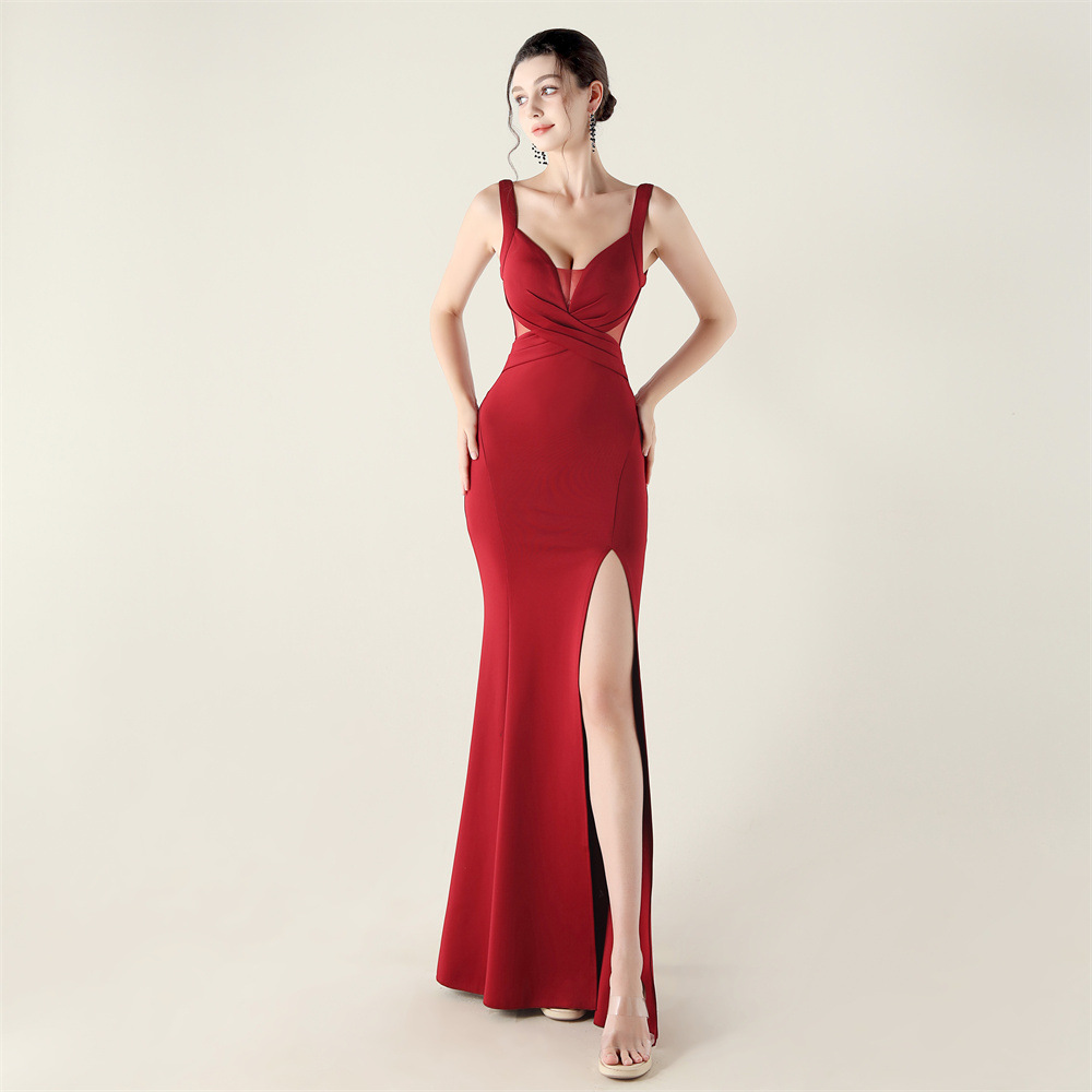33178#2025 New cross pleated hollow mesh deep V-neck evening dress…