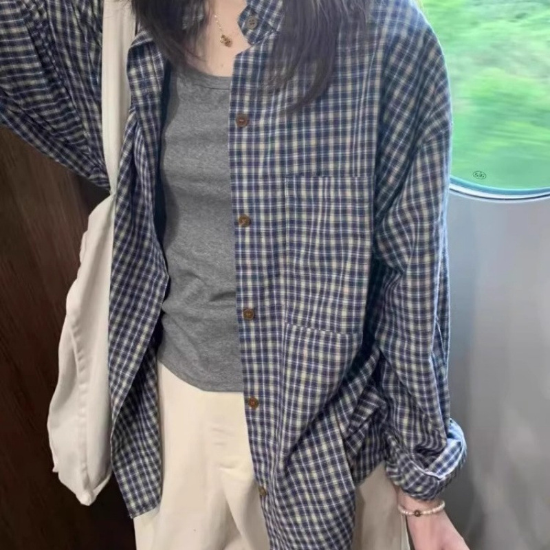 韩版蓝色格子长袖衬衫女春秋2025新款慵懒风衬衣外套宽松显瘦上衣|undefined