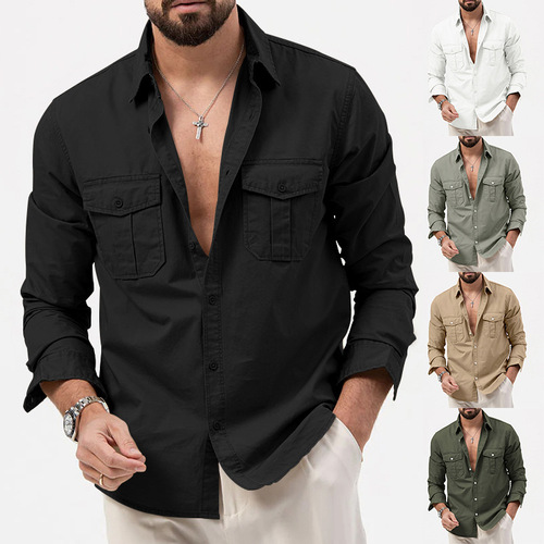 Men's 2025 Western and European Style Long-Sleeve Shirt with Multiple Pockets Casual Top