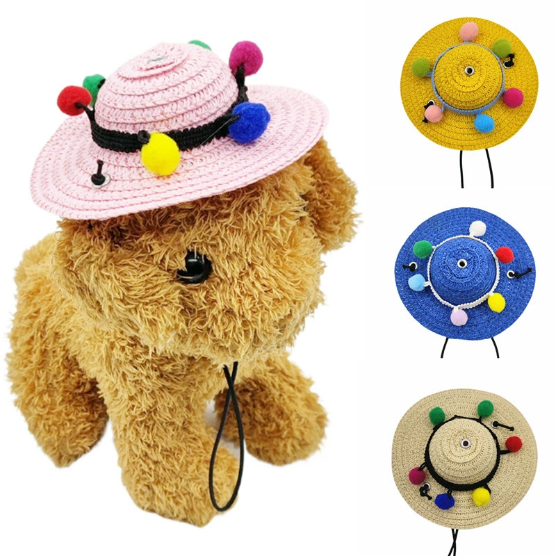 2023 трансграничная Новая летняя шляпа для домашних животных ручной работы красочная соломенная шляпа с шариками для собак Тедди французская ведро-кошка